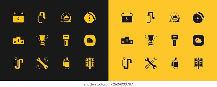 Set Car brake disk with caliper, Wrench spanner, key remote, Fire extinguisher, Award cup, Racing helmet, battery and muffler icon. Vector