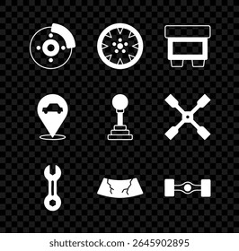 Set Car brake disk with caliper, Alloy wheel, Fuse, Wrench spanner, Broken windshield, Chassis car, Location service and Gear shifter icon. Vector - Powered by Shutterstock - Get 15% off with code: PIKWIZARD15