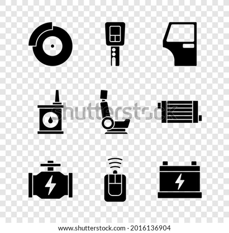 Set Car brake disk with caliper, key remote, door, Check engine, battery, Canister for motor oil and seat icon. Vector