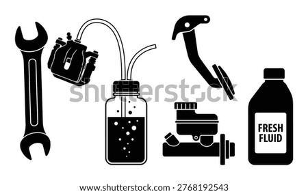 Set of car brake system tools including wrench, caliper, fluid bottle, brake master cylinder, and pedal.