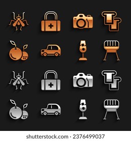 Set Car, Bread toast, Barbecue grill, Wine glass, Fruit, Photo camera, Mosquito and First aid kit icon. Vector