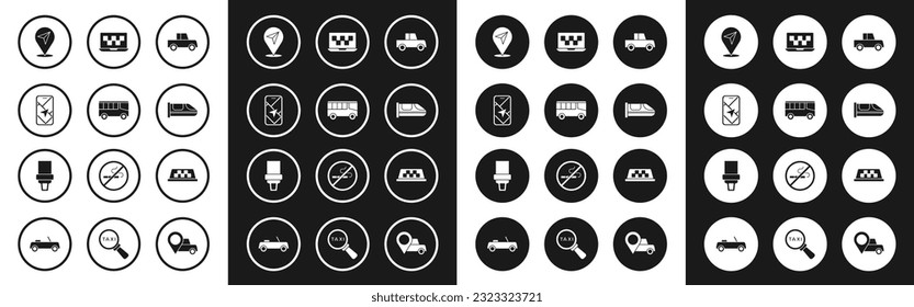 Set Car, Bus, City map navigation, Location, High-speed train, Laptop call taxi service, Taxi car roof and Safety belt icon. Vector