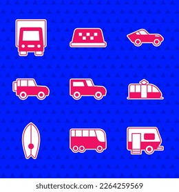 Set Car, Bus, Rv Camping trailer, Tram and railway, Surfboard, Off road car,  and Delivery cargo truck icon. Vector