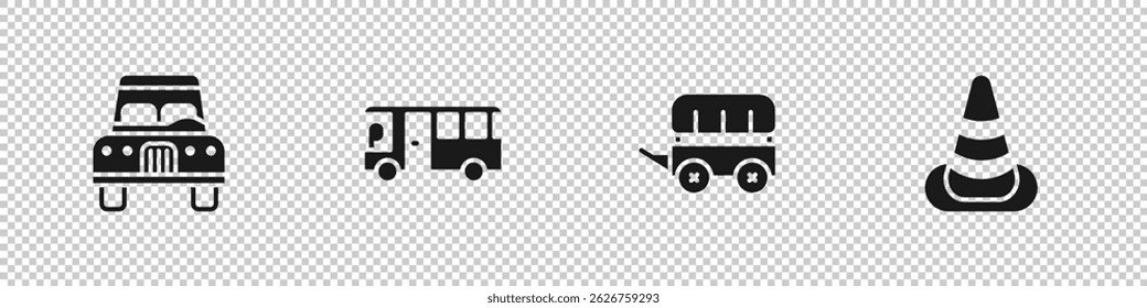 Set Car, Bus, Wild west covered wagon and Traffic cone icon. Vector