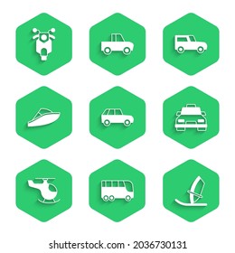 Set Car, Bus, Windsurfing, Taxi car, Helicopter, Speedboat,  and Scooter icon. Vector