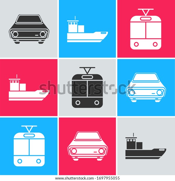 Set\
Car, Cargo ship and Tram and railway icon.\
Vector