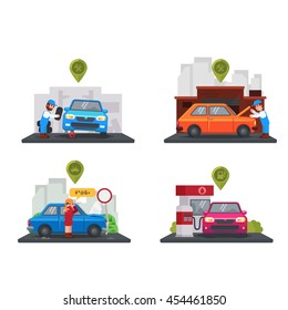 Set car center. Car service workers repairing. Vector service illustration.
