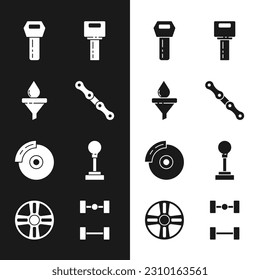 Set Car chain, Funnel and oil drop, key with remote, brake disk caliper, Gear shifter, Chassis car and Alloy wheel icon. Vector