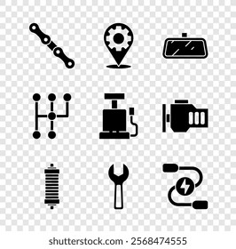 Set Car chain, service, mirror, Shock absorber, Wrench spanner, battery jumper power cable, Gear shifter and air pump icon. Vector