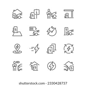 Set of car charging station related icons, car plugged to charge, battery, electric socket station, car charging and linear variety vectors.