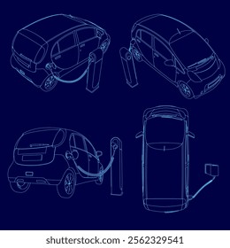 Set of Car is charging at a charging station. The car is a small, compact car