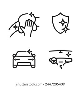 A set of car cleanliness icons, a car, a shiny car panel, a shield and a hand with a rag.