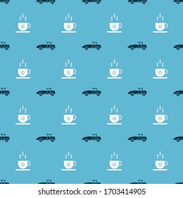 Ajuste la taza de Camión y café en un patrón sin fisuras. Vector
