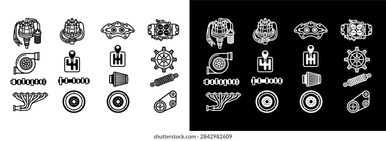 Set of car component illustrations including turbocharger gear shifter brake caliper air filter and exhaust manifold in two color variations