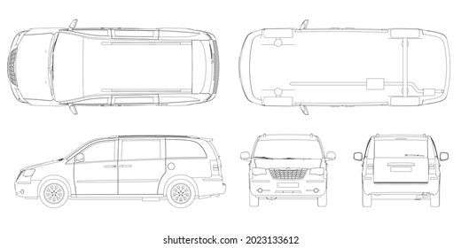 Set with car contours from black lines Isolated on white background. Front, back, bottom, top, side view. Vector illustration