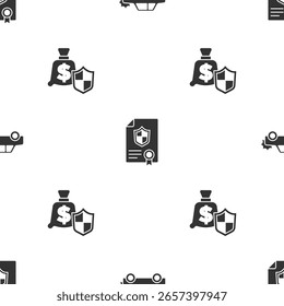 Conjunto de coches, contrato con escudo y dinero en patrón transparente. Vector