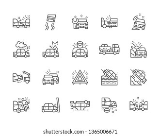 Set of Car Crash and Accidents Line Icons. Service Station, Side Collision, Tow Truck, Evacuation, Traffic Jam, Emergency Stop Sign, Wheel Replacement and more. Pack of 48x48 Pixel Icons