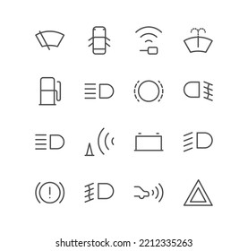 Set of car dashboard and control button icons, brake, fuel, battery, safety, fog, and linear variety vectors.
