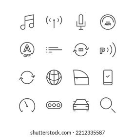 Set of car dashboard and control button icons, door, media, signal, exhaust, park assistant, and linear variety vectors.
