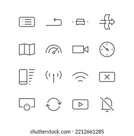 Set of car dashboard and control button icons, camera, document, navigation, vehicle, media, refresh, alert and linear variety vectors.


