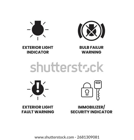 A set of car dashboard icons for lights and security.