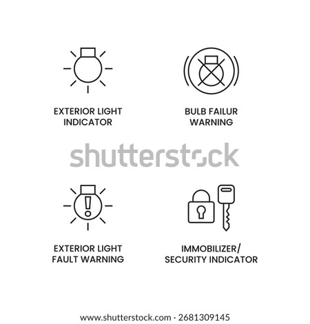 A set of car dashboard icons for lights and security.