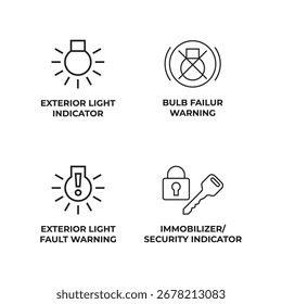 Un conjunto de iconos vectoriales del tablero de instrumentos del coche para luces y seguridad.
