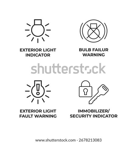 A set of car dashboard vector icons for lights and security.