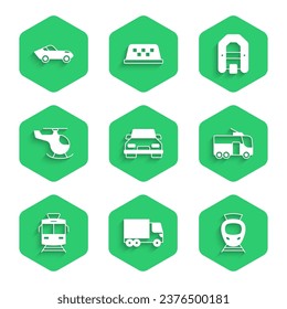 Set Car, Delivery cargo truck, Tram and railway, Trolleybus, Helicopter, Rafting boat and  icon. Vector