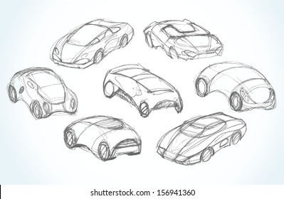 Set Of Car Design. Pencil Drawing Sketch. Vector Illustration.