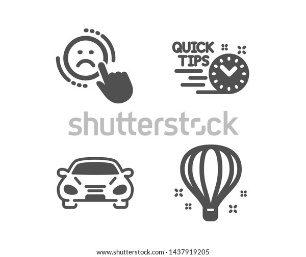 Set of Car, Dislike and\
Quick tips icons. Air balloon sign. Transport, Negative feedback,\
Helpful tricks. Sky travelling.  Classic design car icon. Flat\
design. Vector
