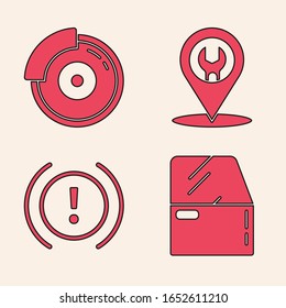 Set Car door, Car brake disk with caliper, Car service and Brake system warning icon. Vector
