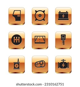 Set Car door, Canister for motor oil, headlight, Gps device with map, Gear shifter, battery, Check engine and audio speaker icon. Vector