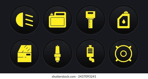 Set Car door, Canister for motor oil, spark plug, muffler, key with remote, audio speaker and High beam icon. Vector