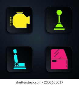 Set Car door, Check engine, Car seat and Gear shifter. Black square button. Vector