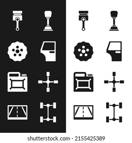 Set Car door, Gear, Engine piston, shifter, Canister for motor oil, Wheel wrench, Chassis car and Gps device with map icon. Vector