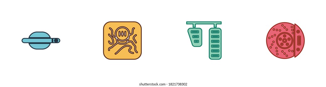 Set Car door handle, Gear shifter, gas brake pedals and disk with caliper icon. Vector.