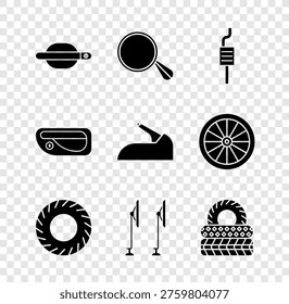Set Car door handle, mirror, muffler, tire, Windscreen wiper,  and handbrake icon. Vector