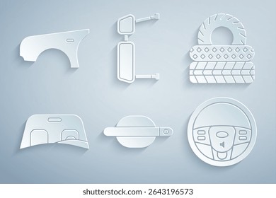 Set Car door handle, tire, windscreen, Steering wheel, Truck side mirror and fender icon. Vector