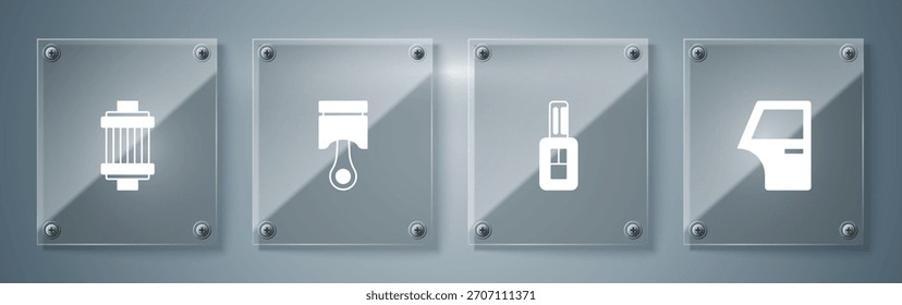 Set Autotür, Schlüssel mit Fernbedienung, Motorkolben und Luftfilter. Quadratische Glasplatten. Vektorgrafik