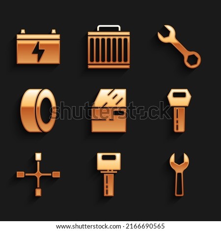 Set Car door, key with remote, Wrench spanner, Wheel wrench, tire,  and battery icon. Vector
