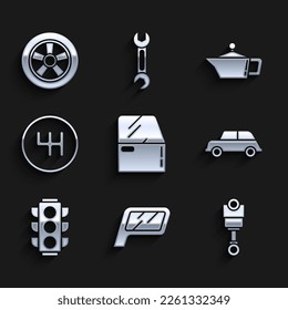 Set Car door, mirror, Engine piston, Traffic light, Gear shifter, Canister for motor machine oil and wheel icon. Vector