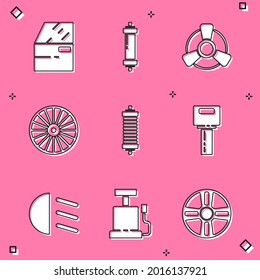 Set Car door, Shock absorber, motor ventilator, Alloy wheel, key with remote, High beam and air pump icon. Vector