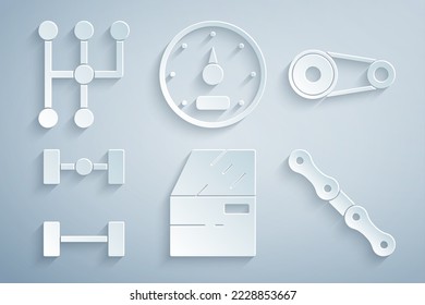 Set Car door, Timing belt kit, Chassis car, chain, Speedometer and Gear shifter icon. Vector