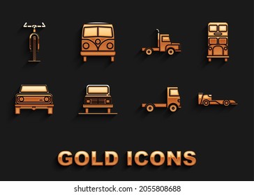 Set Car, Double decker bus, Formula race car, Delivery cargo truck vehicle, Off road, Bicycle and Retro minivan icon. Vector