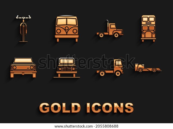 Set Car, Double decker bus, Formula race car,\
Delivery cargo truck vehicle, Off road, Bicycle and Retro minivan\
icon. Vector