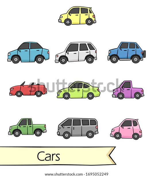  Set of car in\
drawing style on white