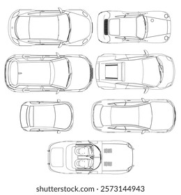 Set of car drawings are shown in a grid, with each car having a different design. Scene is one of creativity and imagination, as the cars are not real but rather stylized and abstract. Top view