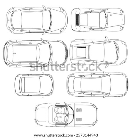 Set of car drawings are shown in a grid, with each car having a different design. Scene is one of creativity and imagination, as the cars are not real but rather stylized and abstract. Top view