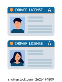 A set of car driver's identification cards with a photo of a woman and a man. Identification card on a white background. Vector template of a plastic toy driver's license for the USA